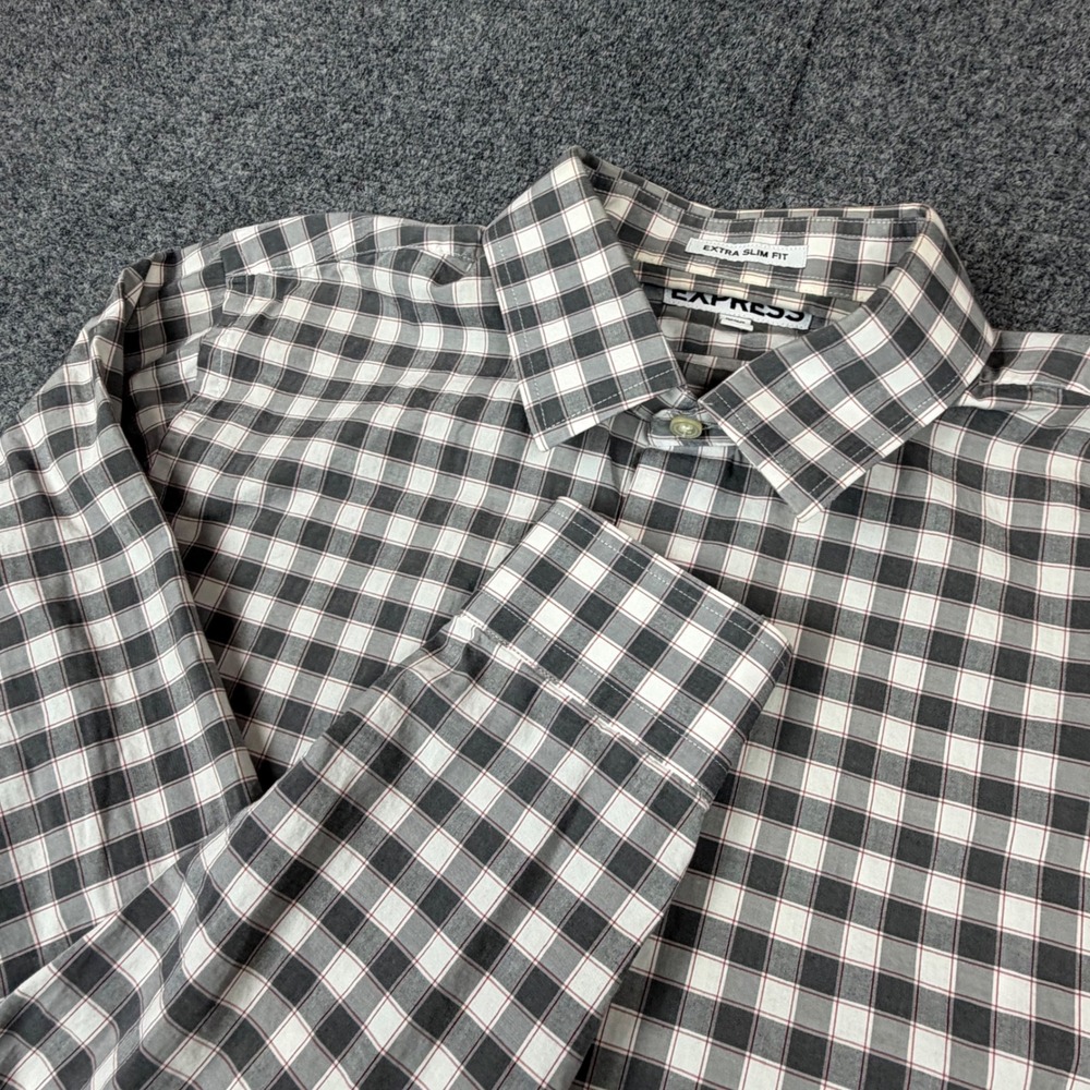 Express Extra Slim Fit Mens‎ Large Grey White Red Plaid Button Down Dress Shirt